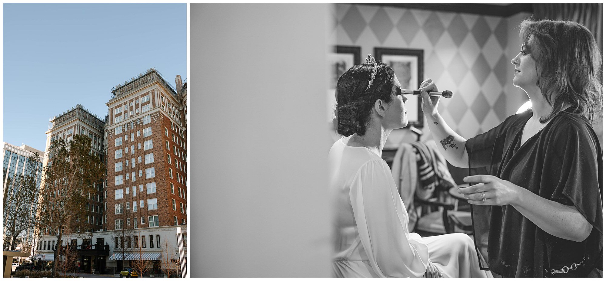 bride getting makeup done in the skirvin hotel