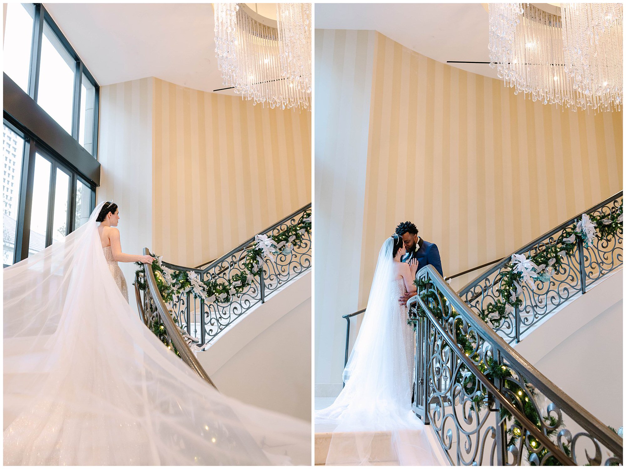 bride and groom on staircase at skirvin